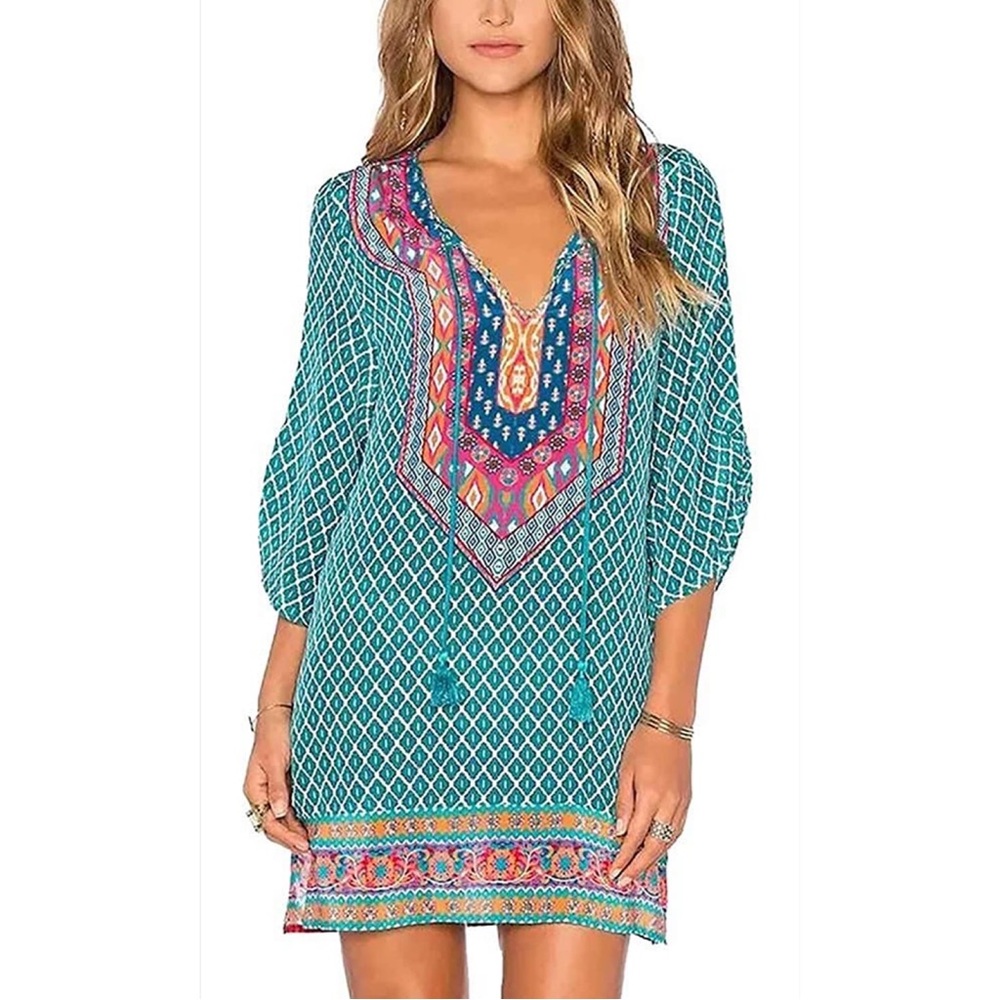 Urban CoCo Women Bohemian Neck Tie Ethnic Style Summer Shift Dress M